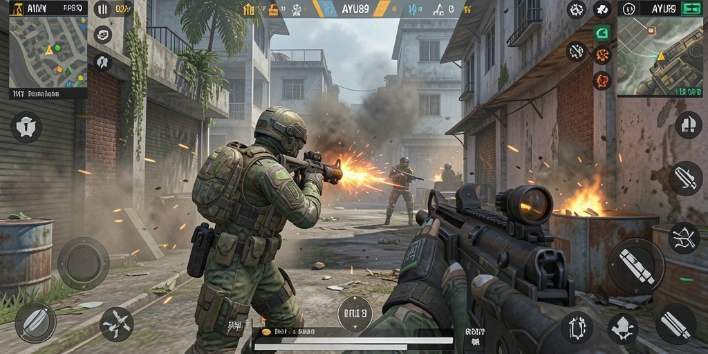 Screenshot gameplay AYU89 dengan aksi tembak-menembak yang menegangkan.