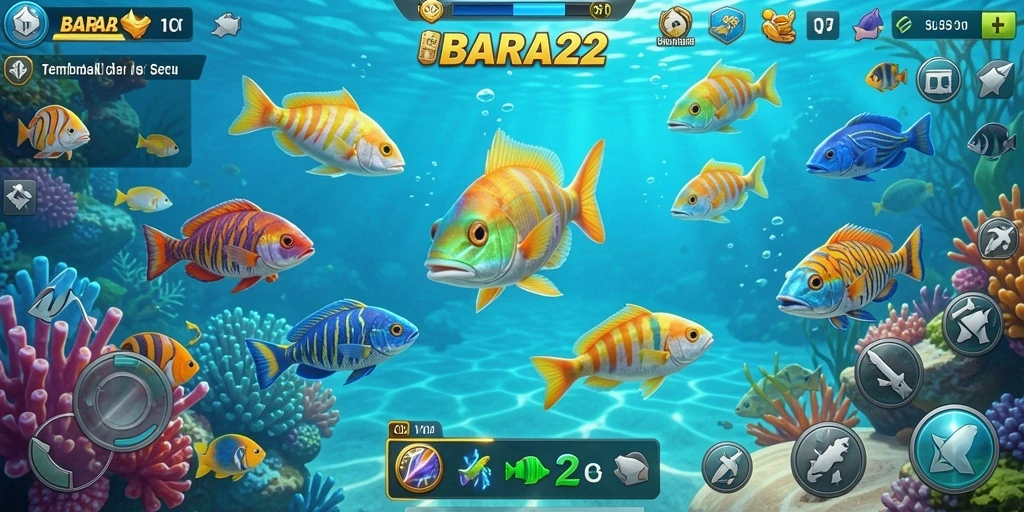 Tampilan gameplay BARA22 dengan aksi seru menembak ikan.