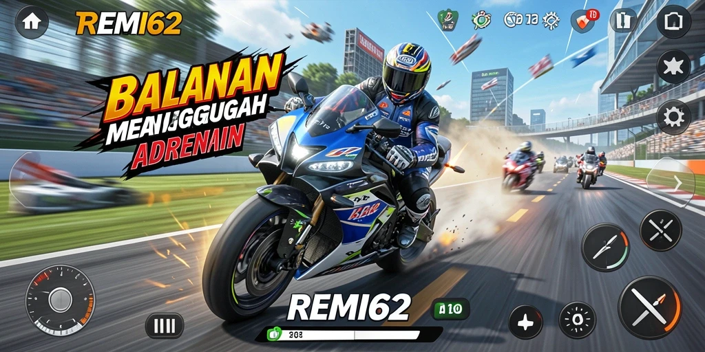Gameplay seru REMI62 dengan balapan motor yang mendebarkan.