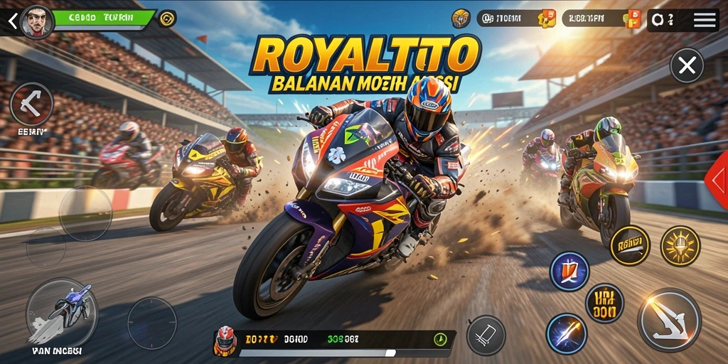 Screenshot gameplay ROYALTOTO menampilkan aksi balapan motor yang seru.
