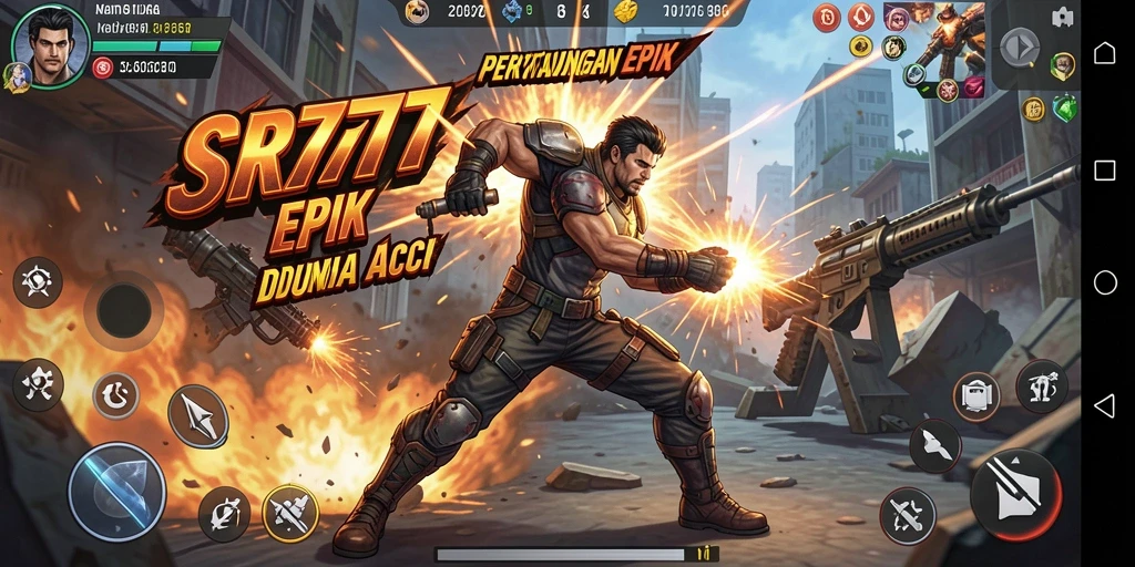 Screenshot utama SR777 menampilkan aksi seru dalam pertarungan karakter.
